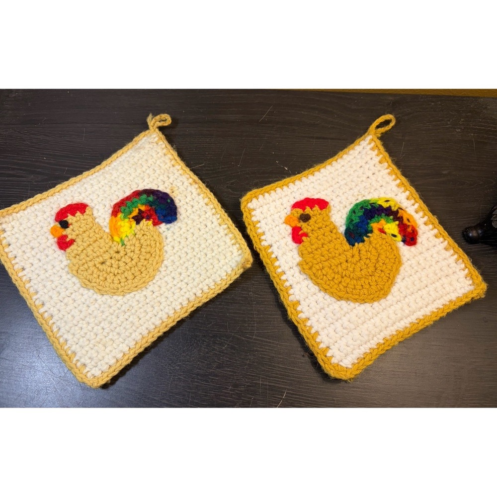 Vintage Handmade Set Chicken Rooster Boho Cottagecore Potholders Crochet Squares